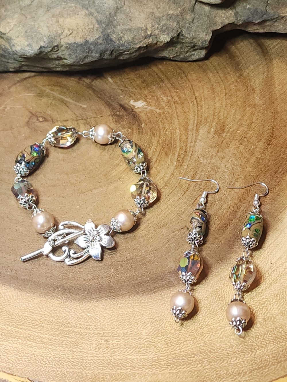 Bracelet & Earrings Set With Faux Pearls & AB Glass Crystal & Lampwork Beads